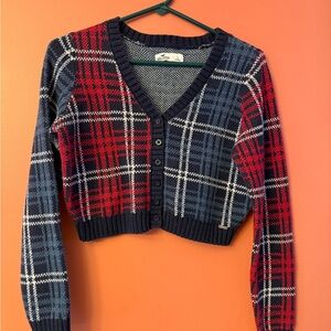 Hollister Red and Blue Plaid Cropped Cardigan